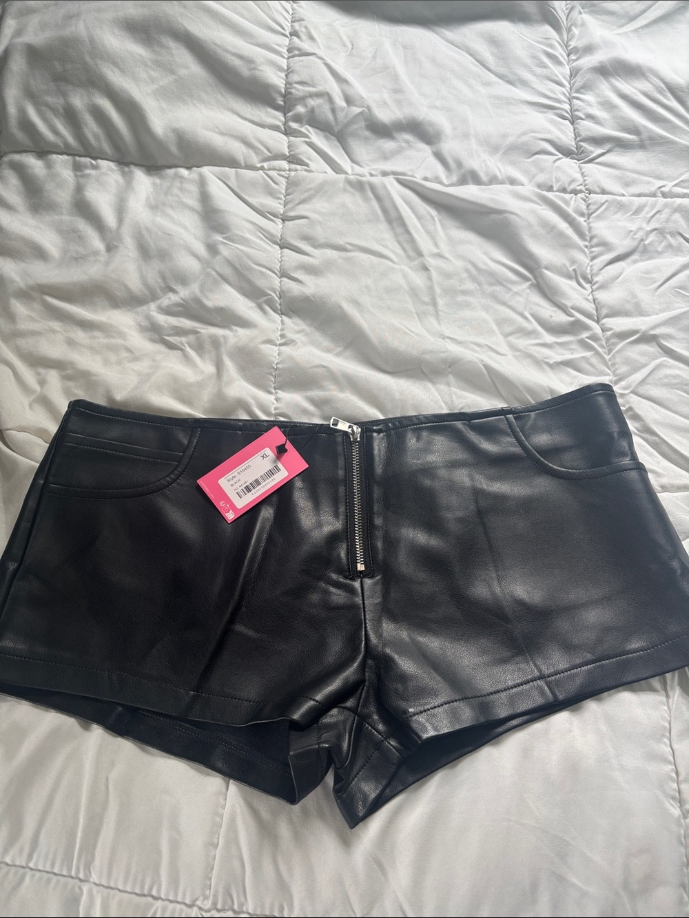 Edikted Black Faux Leather High-Waist Zip-Front Shorts